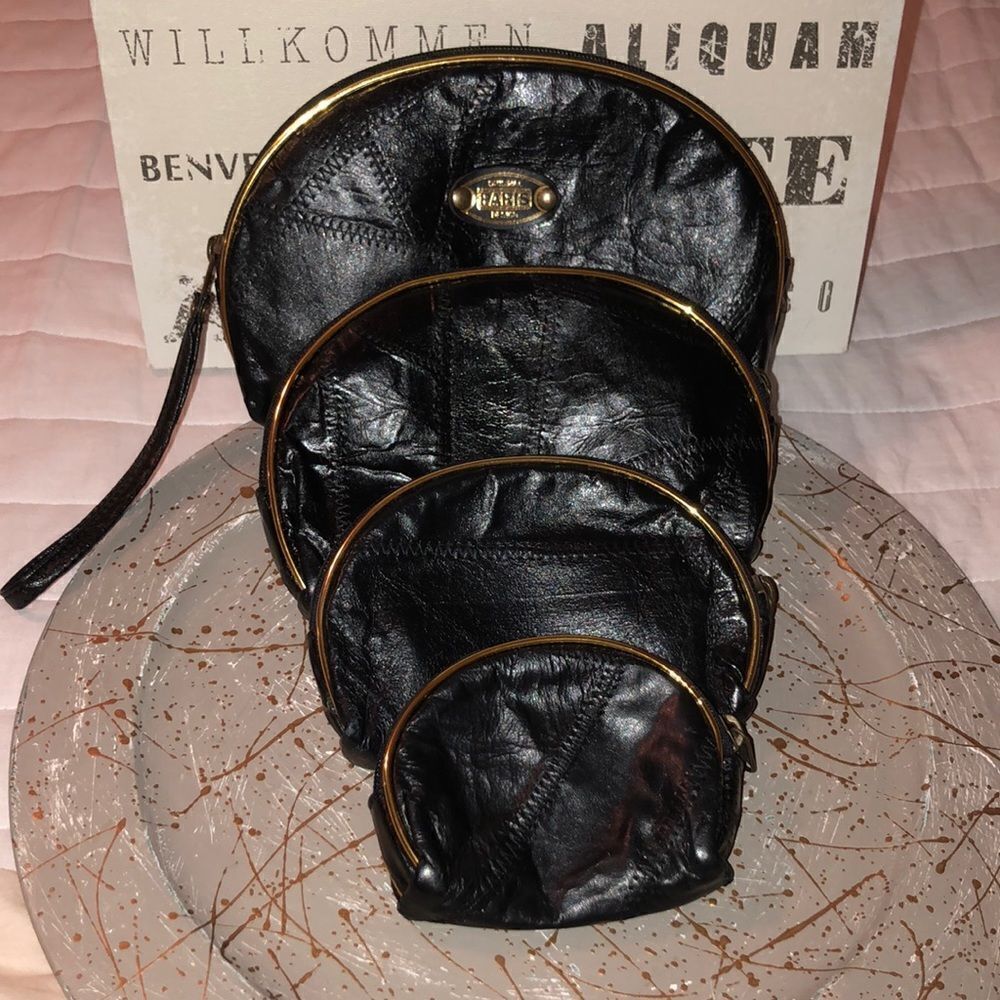 Paris Faux Patch Leather Black Gold Metallic Nesting Travel Bags